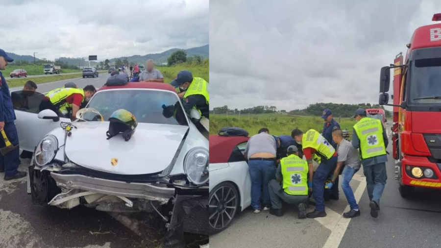 Carro de luxo bate em mureta de proteção da BR-470 em Navegantes